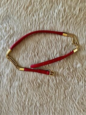 Vintage Red Leather and Gold Metal Chain Skinny Belt - size XS